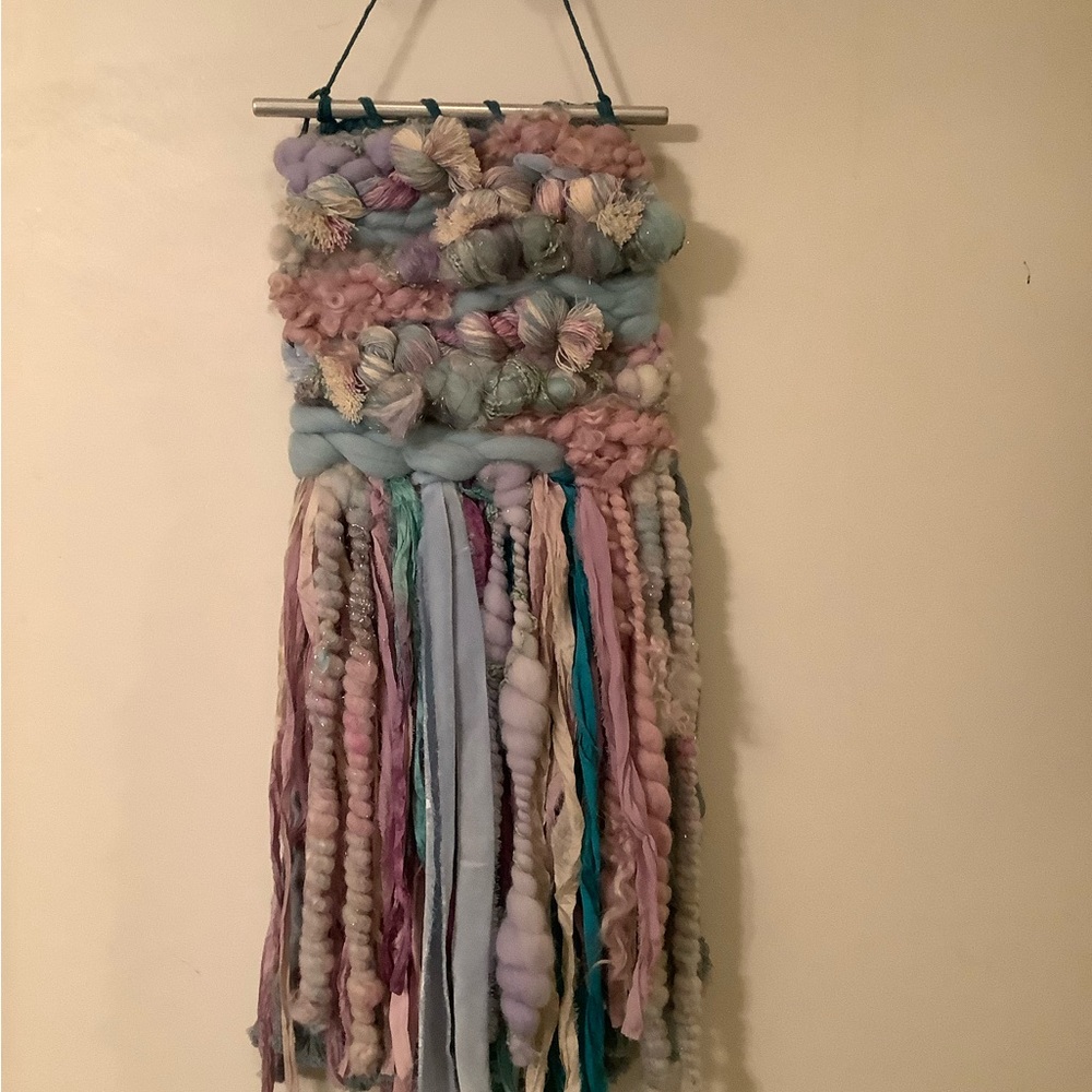 Handmade Woven Wall Hanging in pastel, shades mixed fibers, pinks, blues